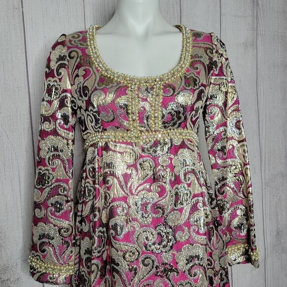 Vintage 60s Joan Leslie for Kasper Gold Lurex & Pink Floral Formal Maxi Dress - Picture 3 of 10